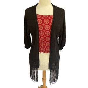 Open Knit Fringe Crochet Cardigan Black Boho Festival Whimsigoth Indie Grunge-XS